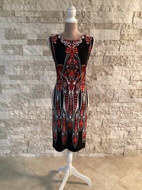 Roberto Cavalli Black/Red Printed Stretch Crepe Knee Length Sheath Dress